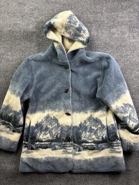 Outbrook Coat Womens 1X Blue Fleece Hooded Toggle Button Pockets Scenic Mountain